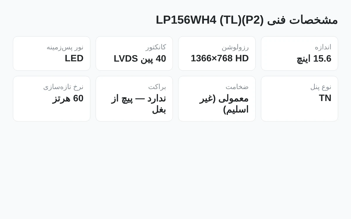 جدول مشخصات فنی الایدی لپتاپ 15.6 اینچ LP156WH4-TLP2